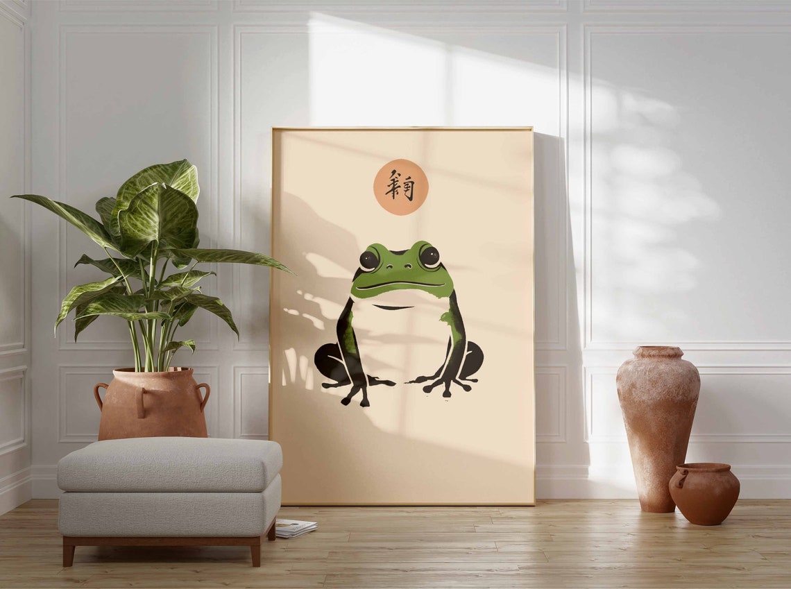 Japanese Frog Woodblock Style Green Frog Red Sun Circle Poster - Image 2