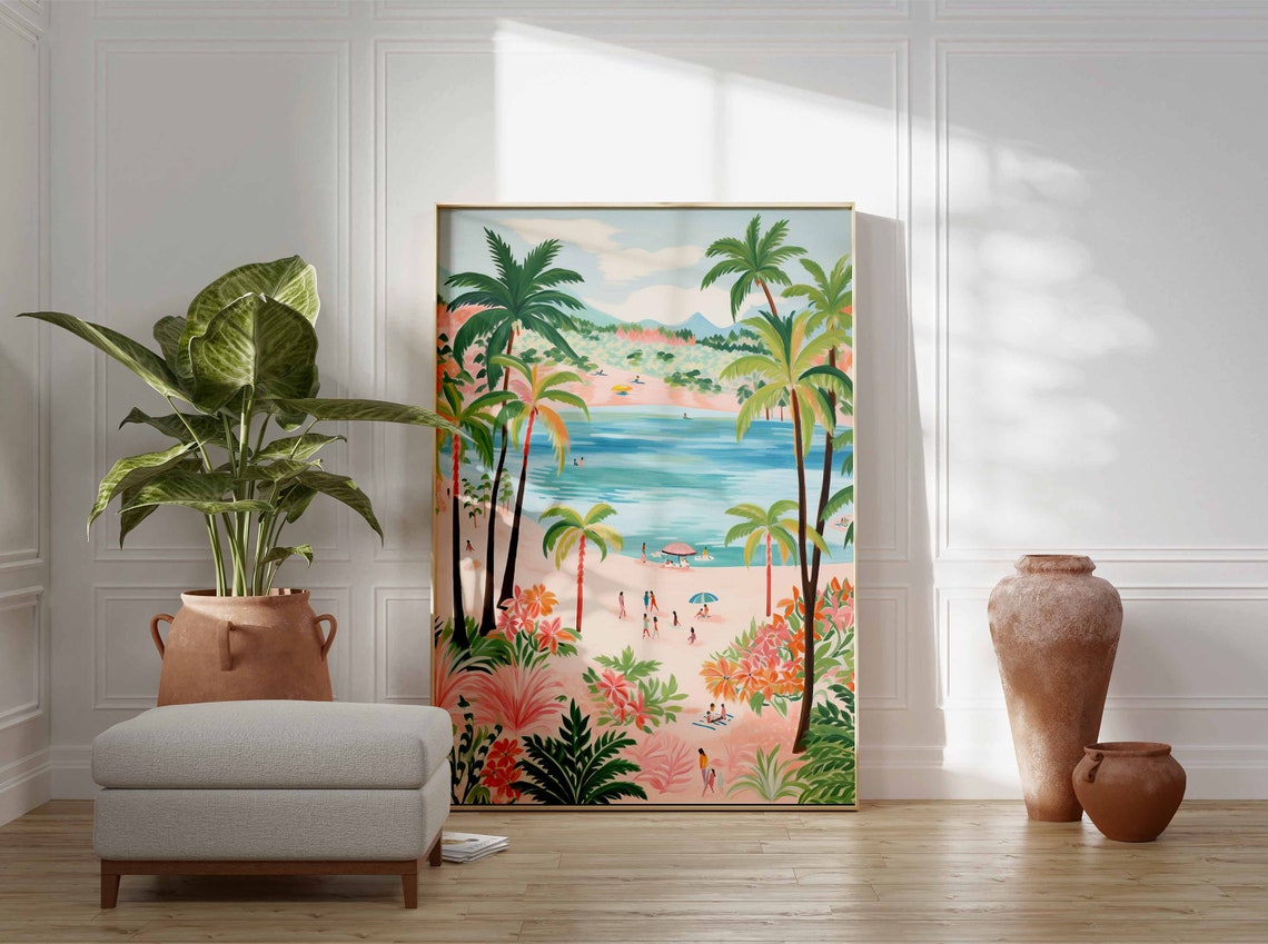 Tropical Beach with Palm Trees and a Turquoise Lagoon Poster - Image 3
