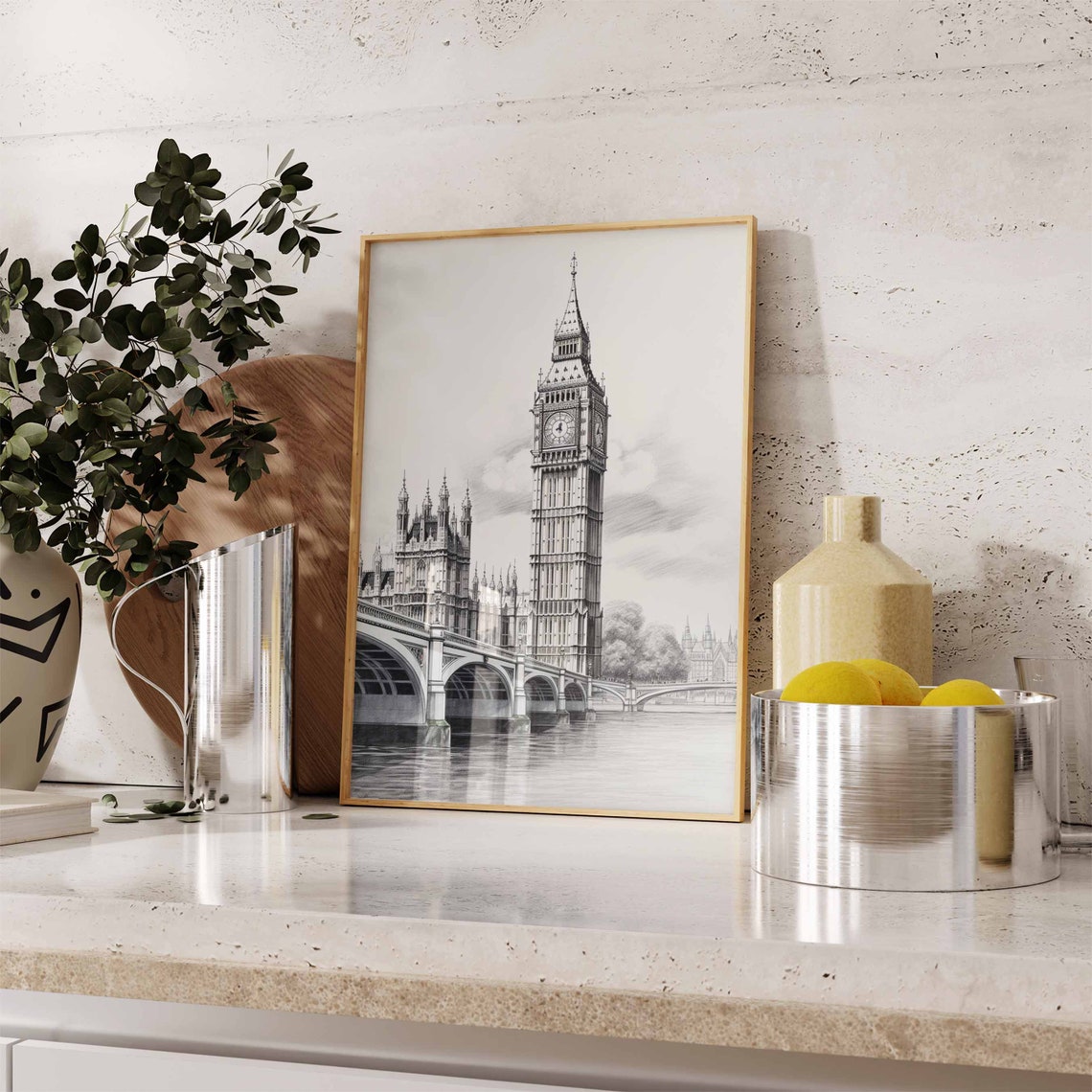 Big Ben Tower and Westminster Bridge Monochrome Sketch Poster - Image 2