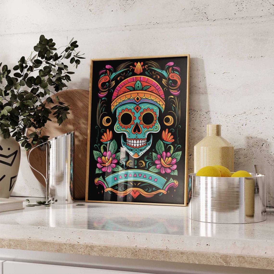 Turquoise Sugar Skull Crown Colorful Neon Black Light Poster - Image 2