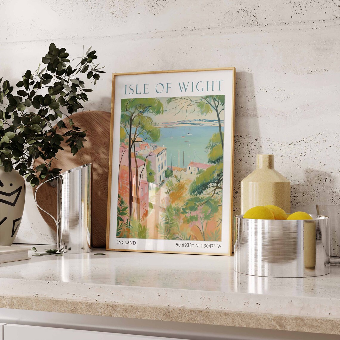 Isle of Wight Coastal Town Harbor Sailboats Watercolor Travel Poster - Image 3
