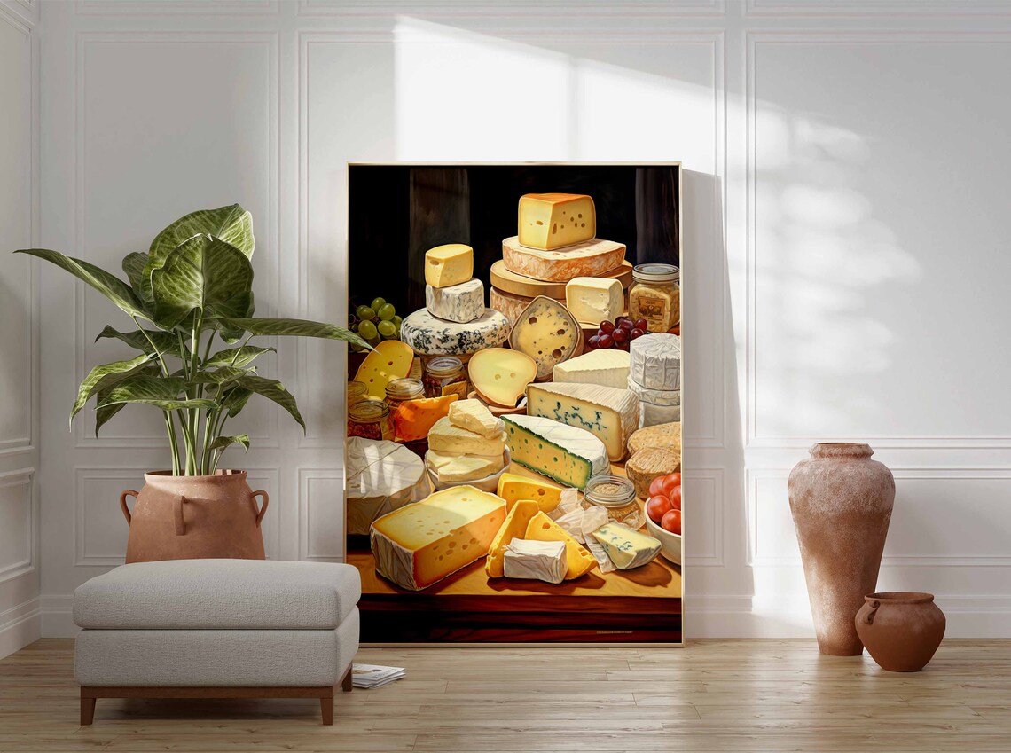 Abundant Cheese Board Still Life Brie Blue Cheese Grapes Poster - Image 3