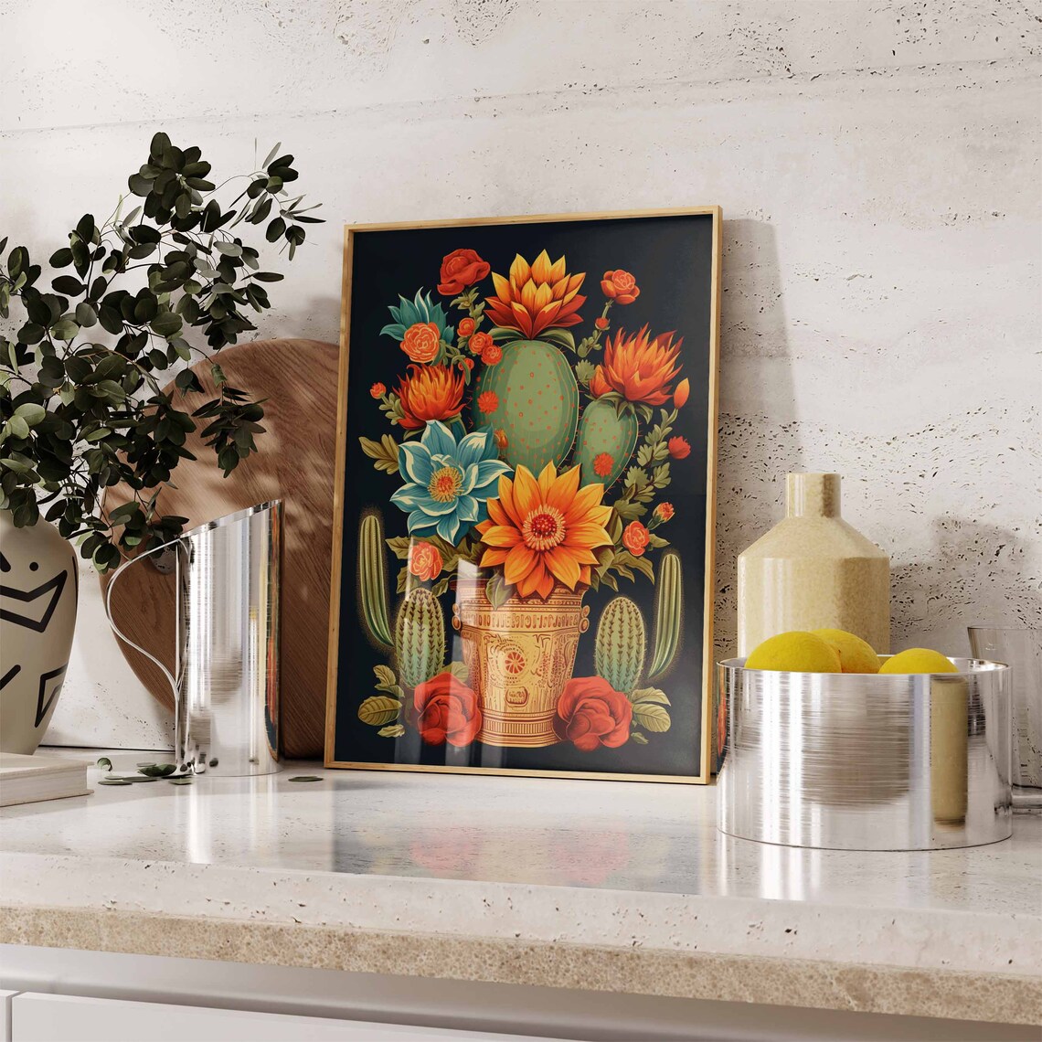Blooming Prickly Pear Cactus Flower Pot Colorful Mexican Print - Image 2