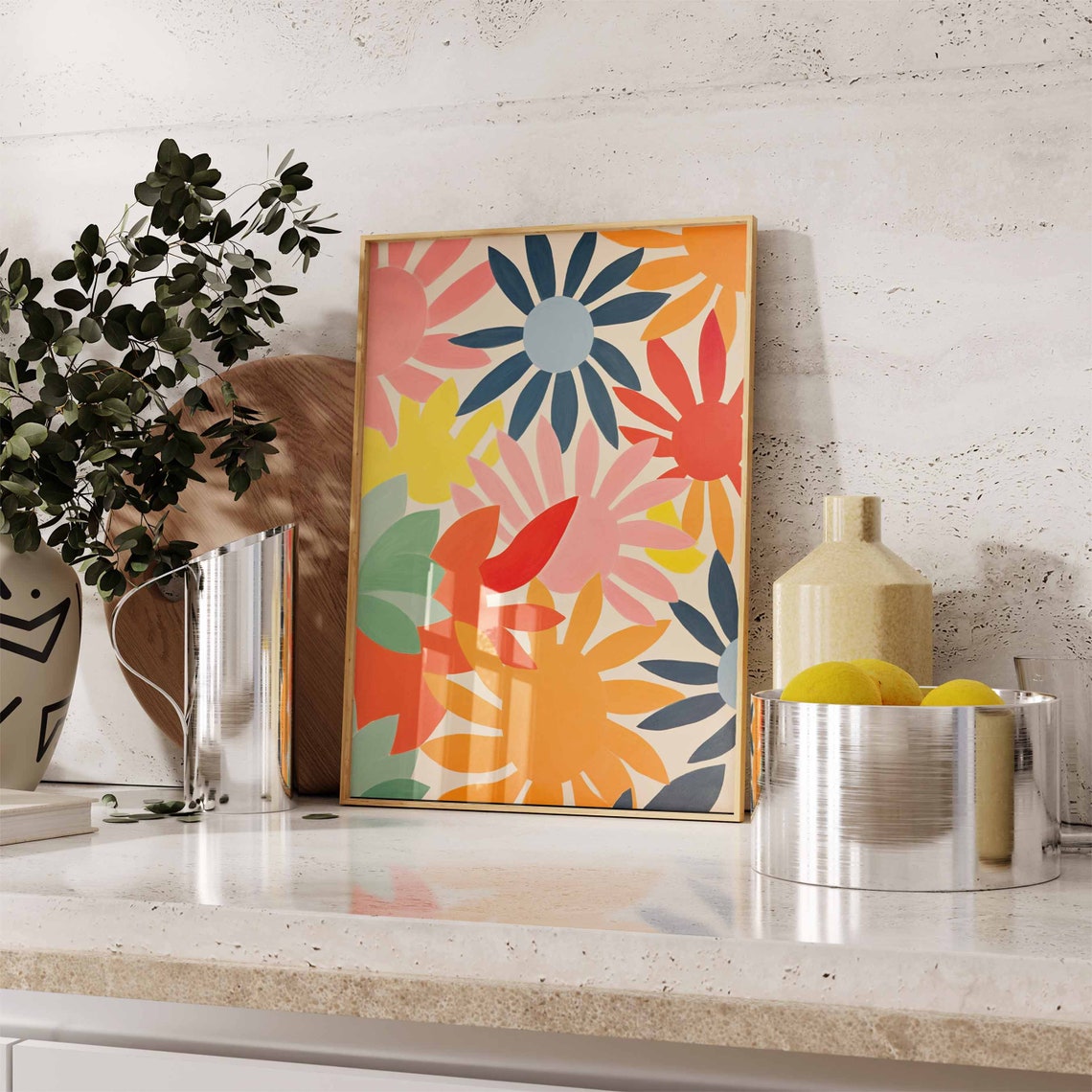Bold Abstract Daisy Sunflower Retro Mid Century Colorful Print - Image 2