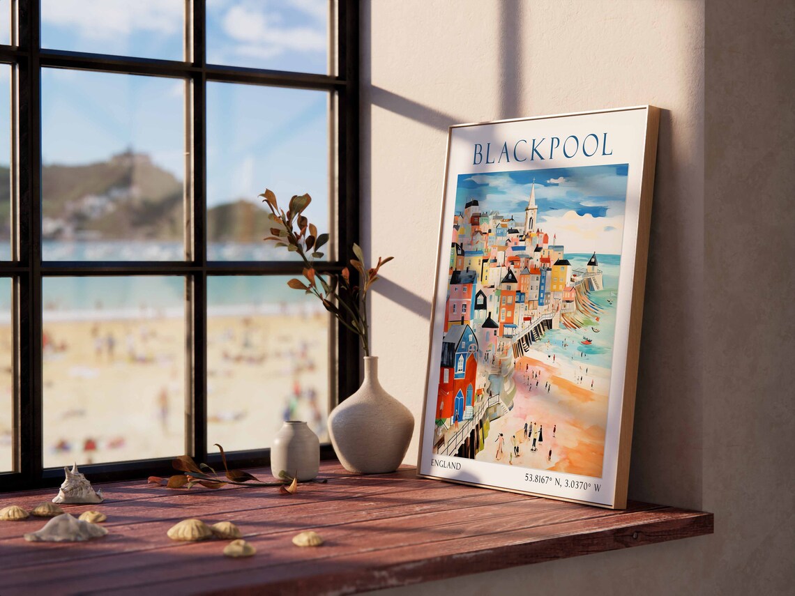 Blackpool England Travel Poster Colorful Seaside Town Dusk Art - Image 3