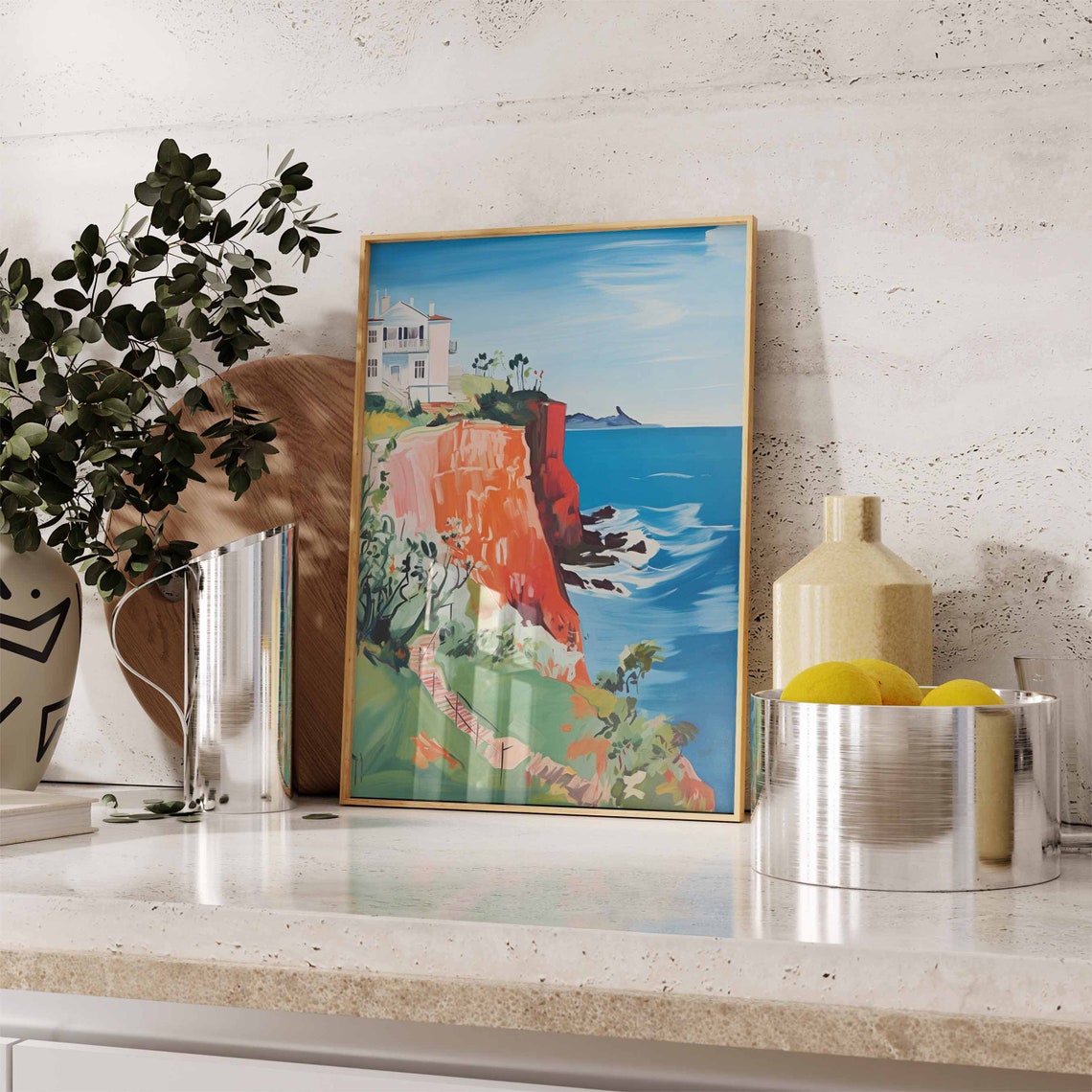 Red Cliff Coast with a White Villa Above the Blue Ocean Poster - Image 2