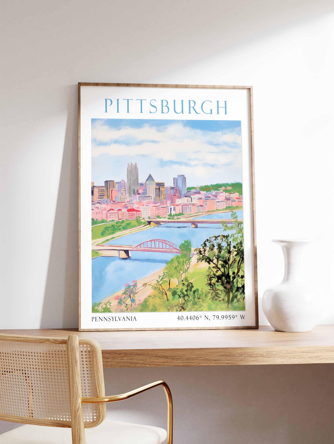 Pittsburgh Pennsylvania River Bridges Skyline Watercolor Travel Poster - Image 4