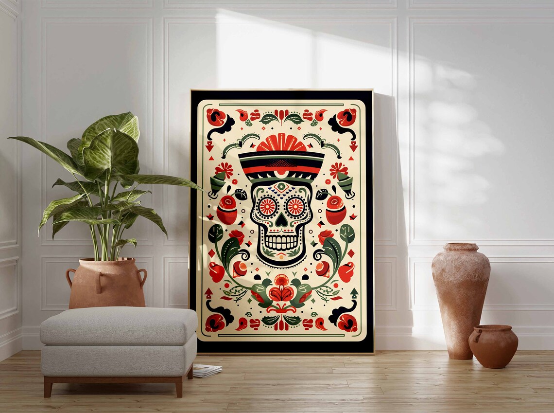 Day of the Dead Skull With Sombrero Floral Mexican Folk Poster - Image 3