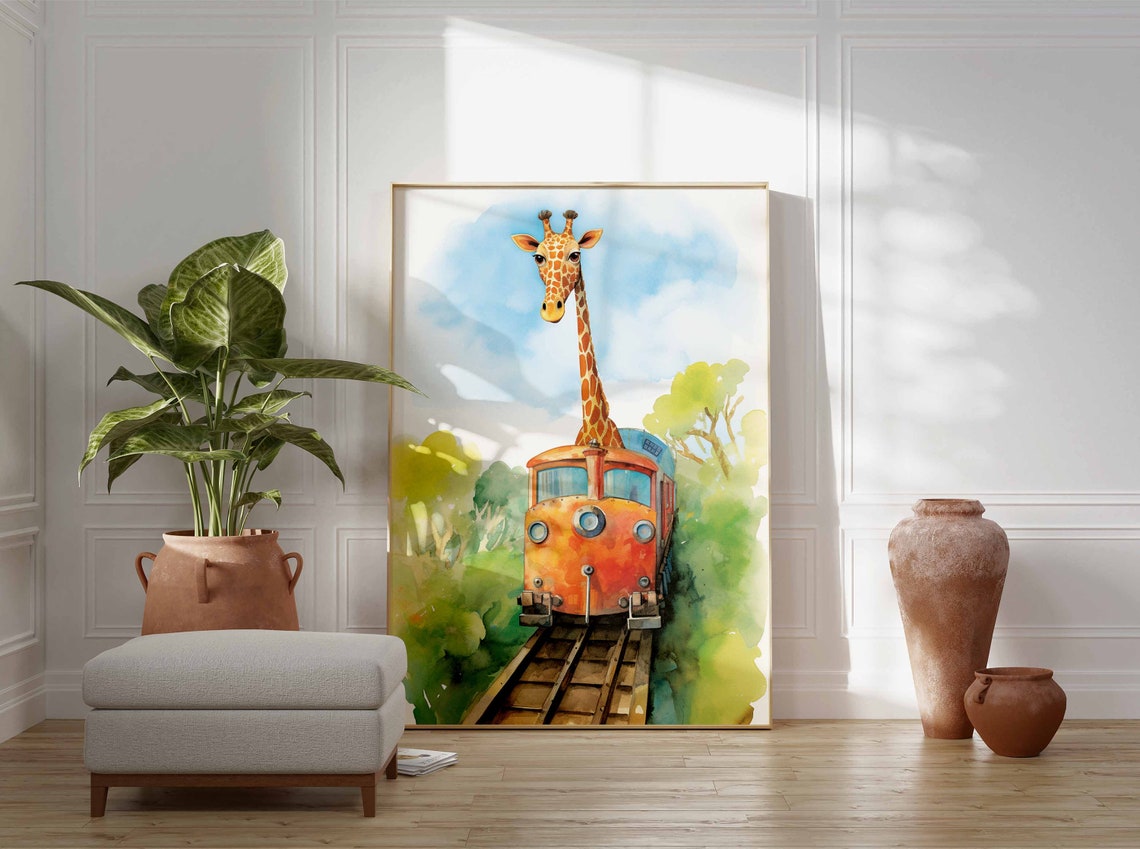 Watercolor Giraffe Riding a Cute Little Red Train Forest Poster - Image 2