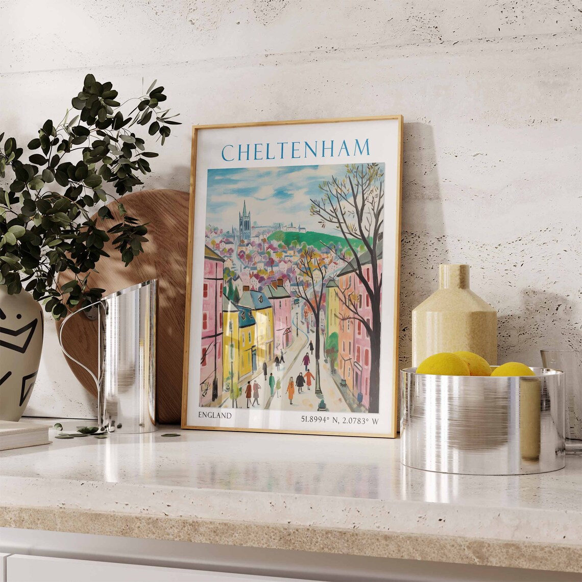 Cheltenham England Travel Poster Hillside Town Watercolor Scene - Image 3