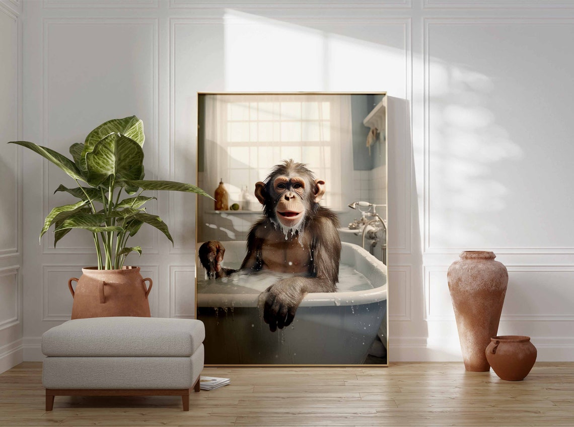 Happy Smiling Chimpanzee Enjoying A Warm Bubbly Bath Time Poster - Image 3