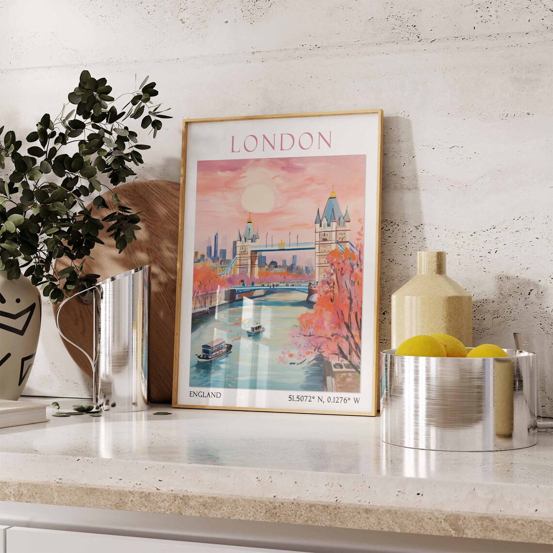London Tower Bridge Sunset River Boats Watercolor Travel Poster - Image 3
