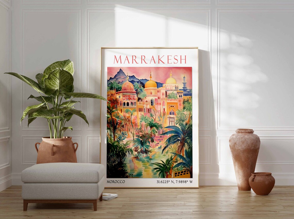 Marrakesh Golden Domed Palace and Palms Watercolor Travel Poster - Image 2