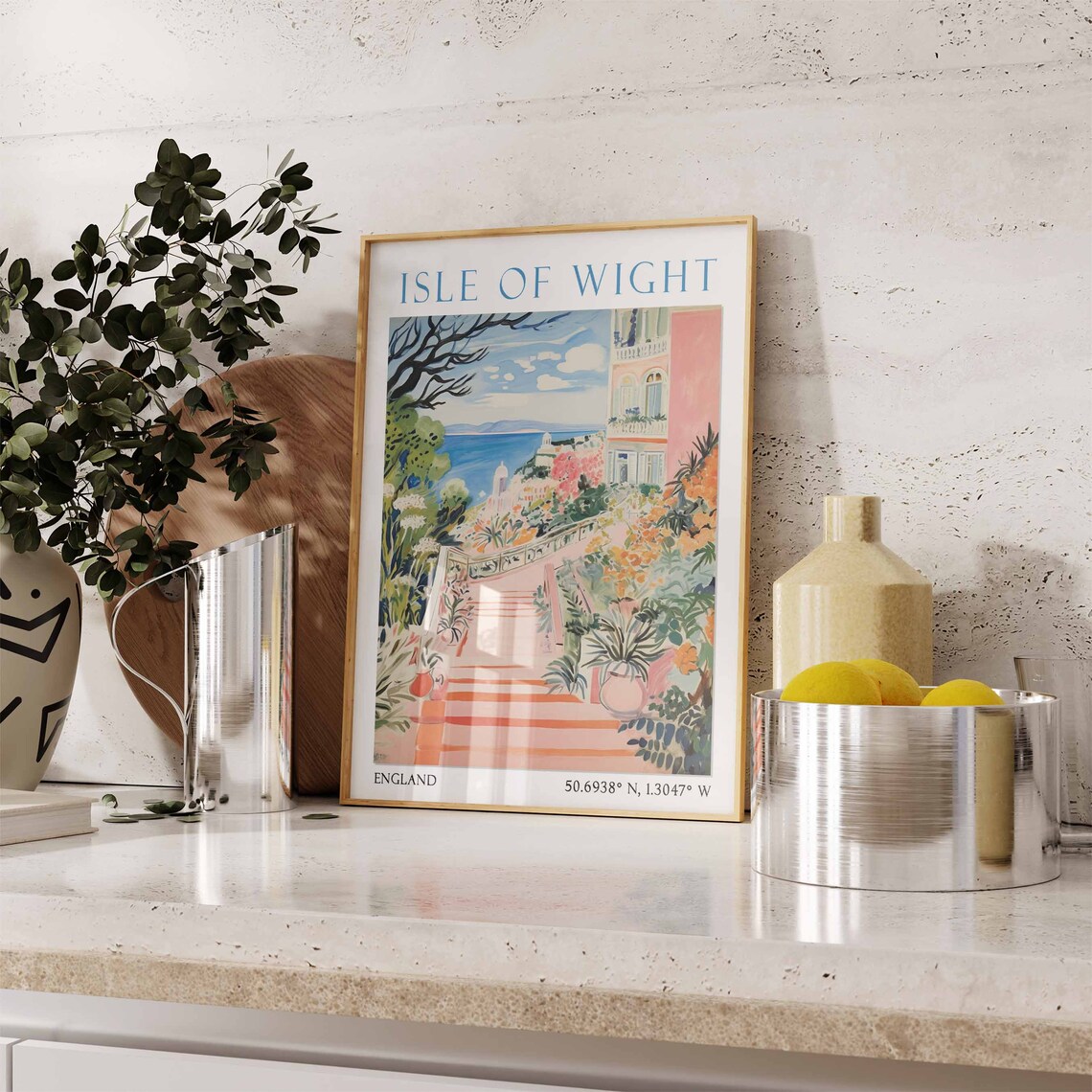Isle of Wight Garden Stairs Sea View Villa Watercolor Travel Poster - Image 3