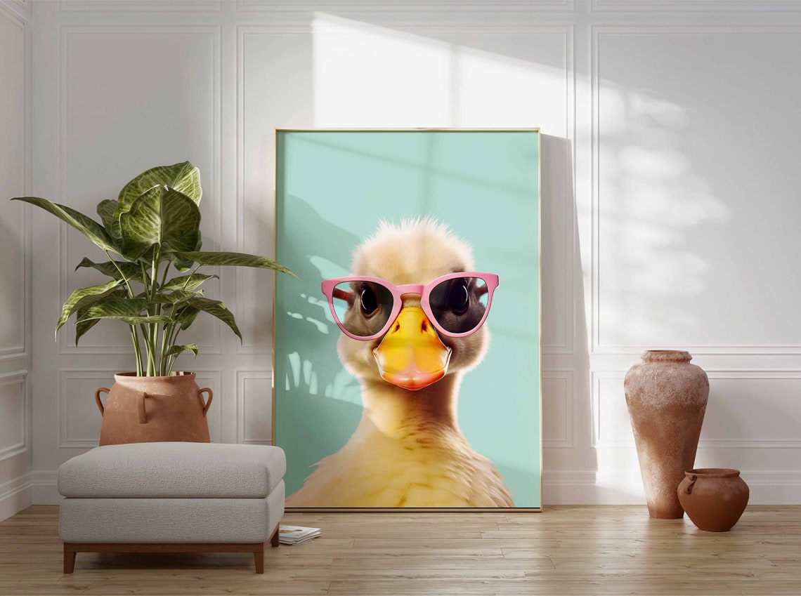 Cute Duckling Wearing Pink Sunglasses on a Mint Background Poster - Image 3