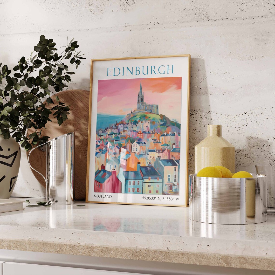 Edinburgh City at Pink Sunset with Hilltop Church Poster Art - Image 3