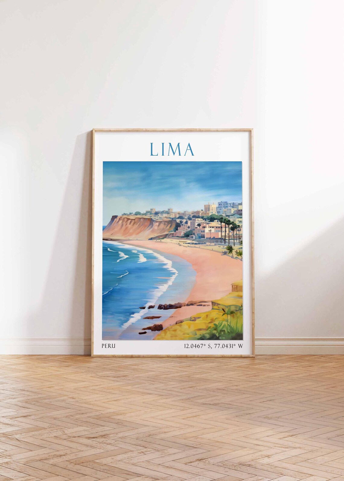 Lima Peru Ocean Cliff Beach Curved Bay Miraflores Surf Travel Poster