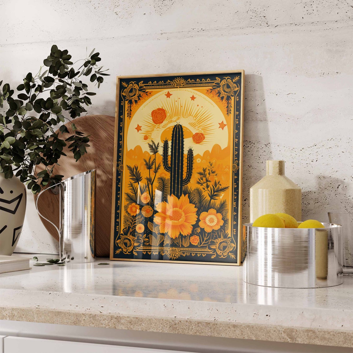 Mexican Tarot Cactus Sun Black Gold Ornate Roses Art Deco Poster - Image 2