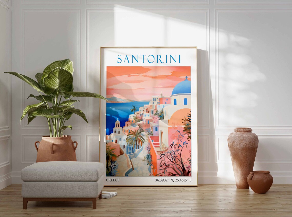 Santorini Blue Dome Church Sunset Village Watercolor Travel Poster - Image 2