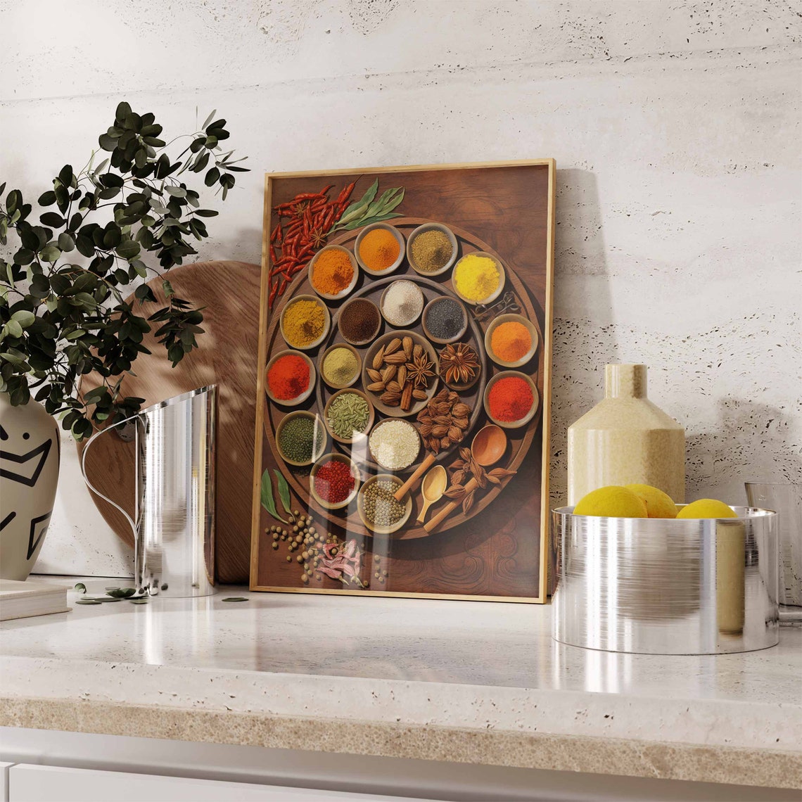 Round Overhead Spice Bowl Tray Wooden Table Kitchen Decor Poster - Image 2
