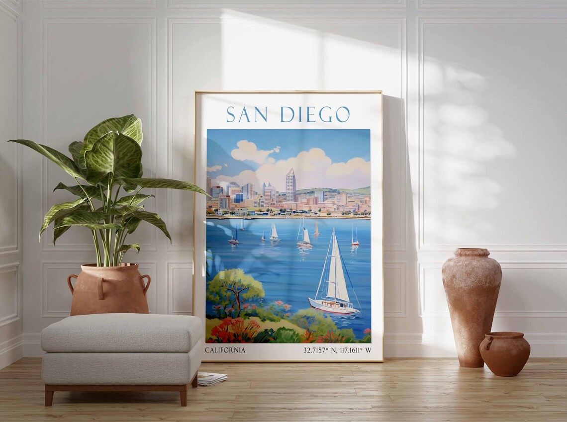 San Diego California Bay Sailboats Harbor Watercolor Travel Poster - Image 3