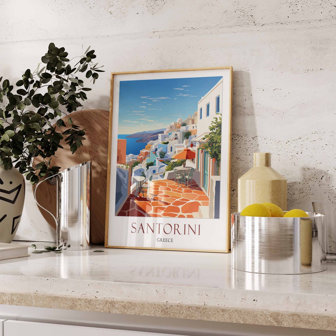 Santorini Cafe Terrace Sea View Warm Red Text Travel Gift Print - Image 3