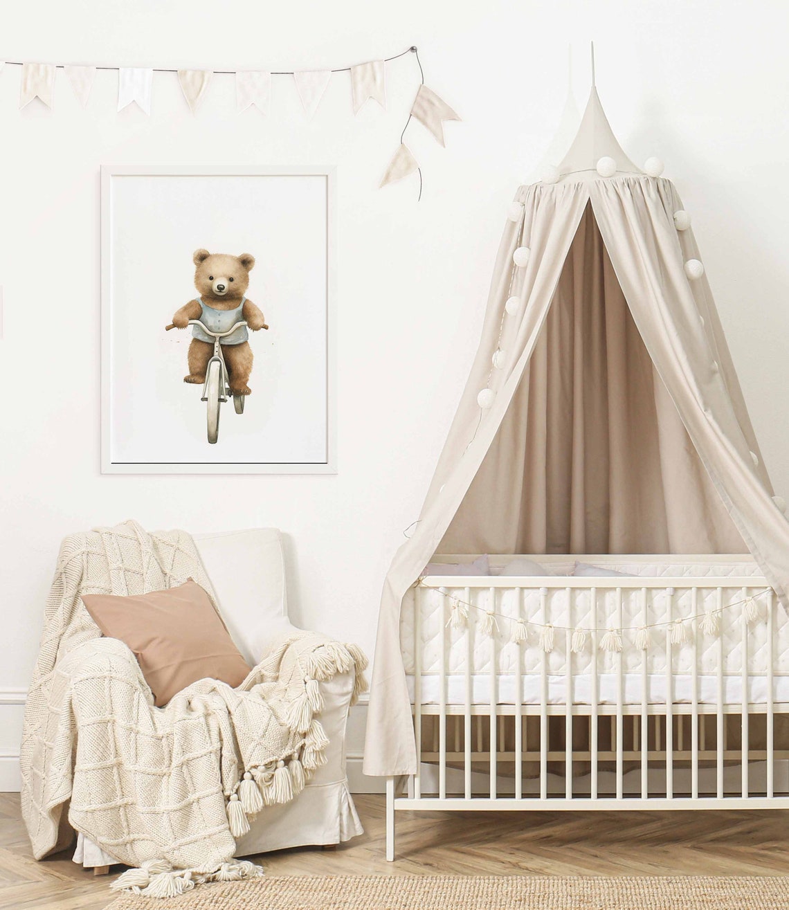 Sweet Teddy Bear in a Blue Vest Riding a Bike Nursery Poster - Image 2