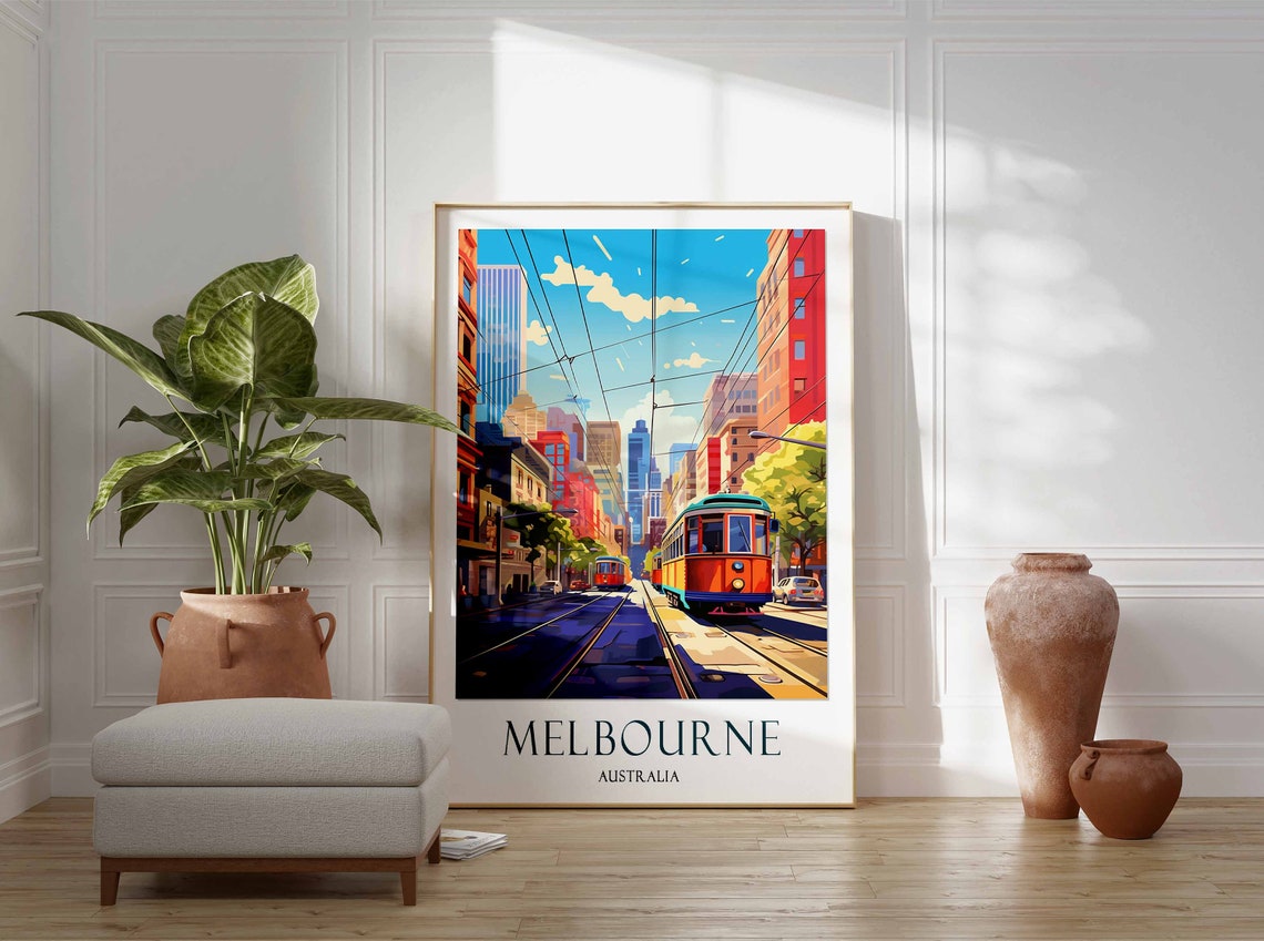 Melbourne Australia Orange Tram Bright Downtown Street Poster - Image 2