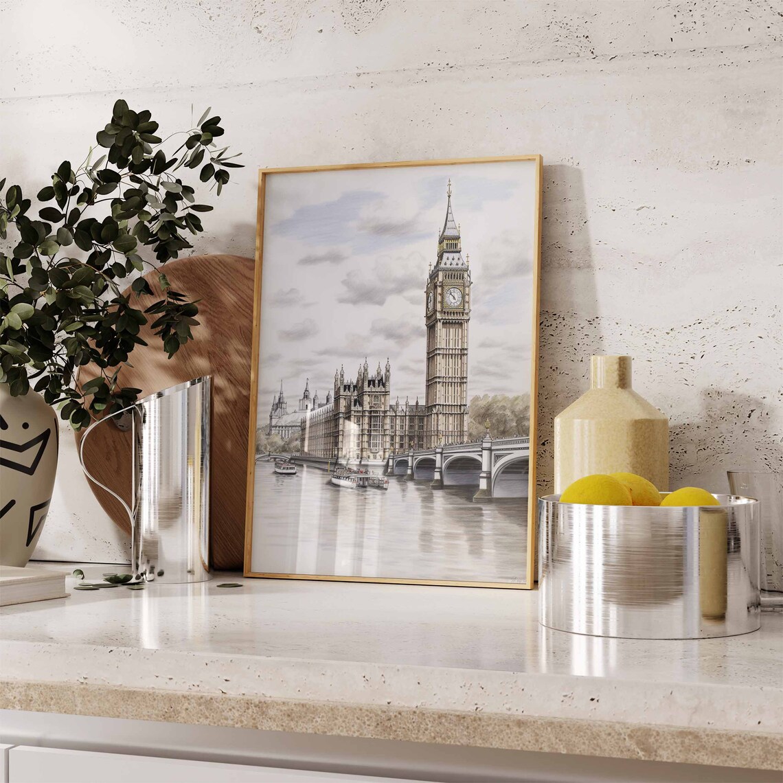 Big Ben Houses of Parliament Thames River Soft Watercolor Poster - Image 2