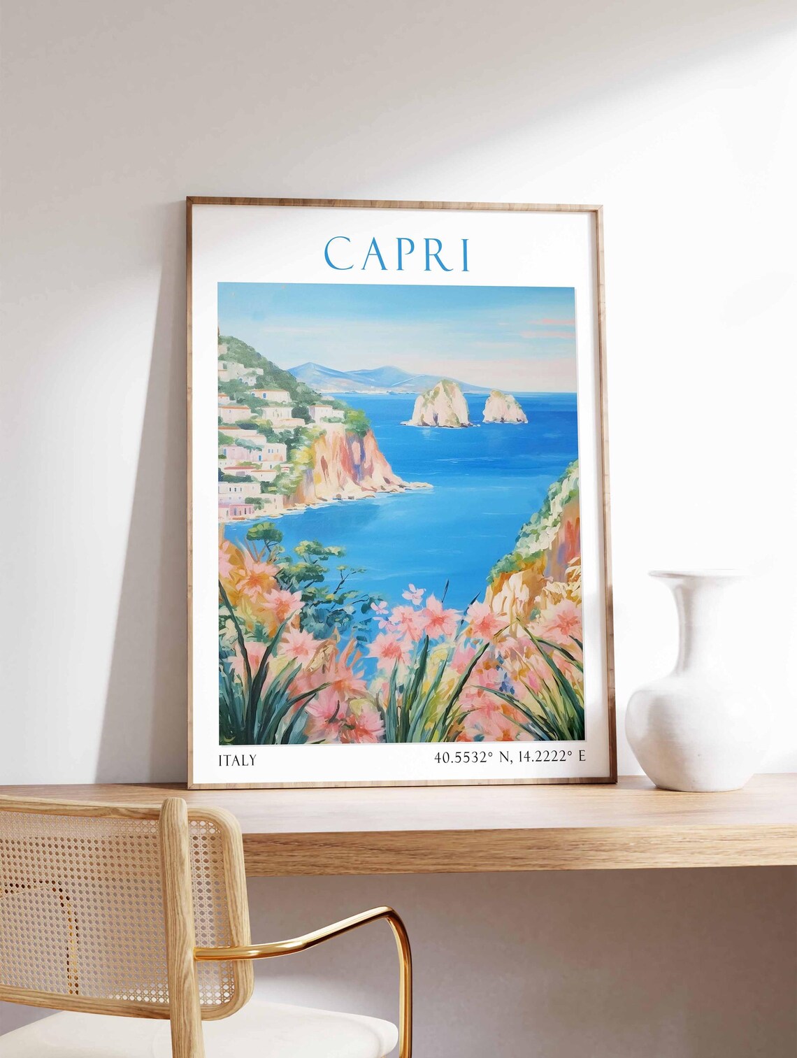 Capri Italy Faraglioni Rocks Blue Mediterranean Sea Flowers Poster