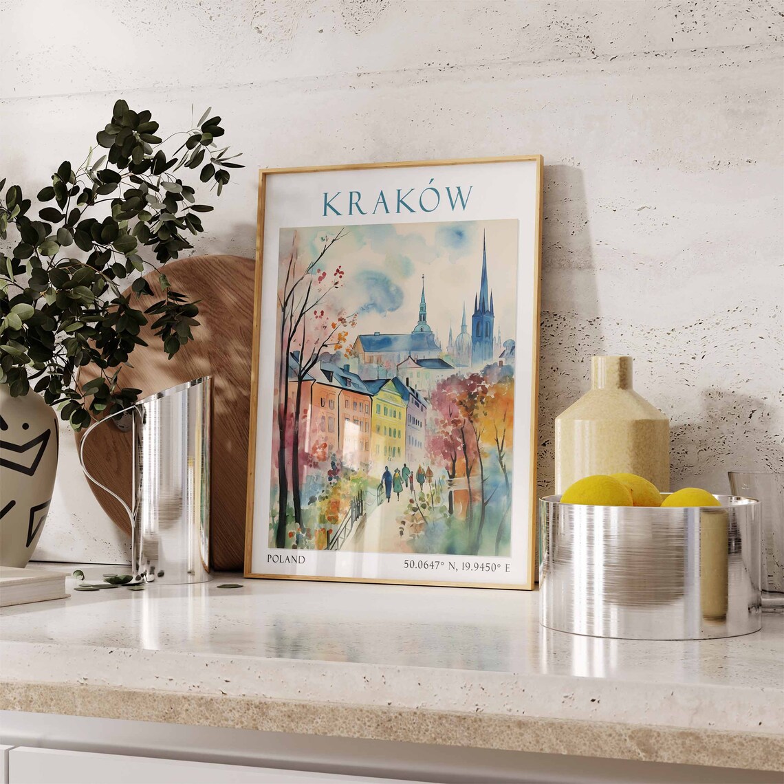 Krakow Poland Travel Poster Church Spires Autumn Watercolor Art - Image 2