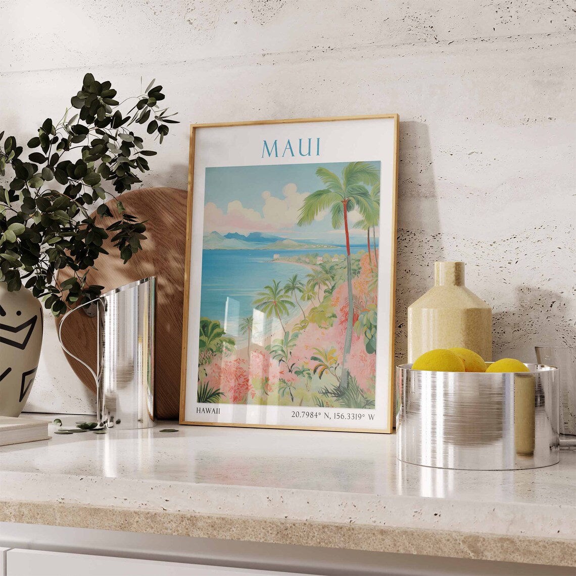 Maui Hawaii Travel Poster Tropical Beach Palm Tree Painting Art - Image 2