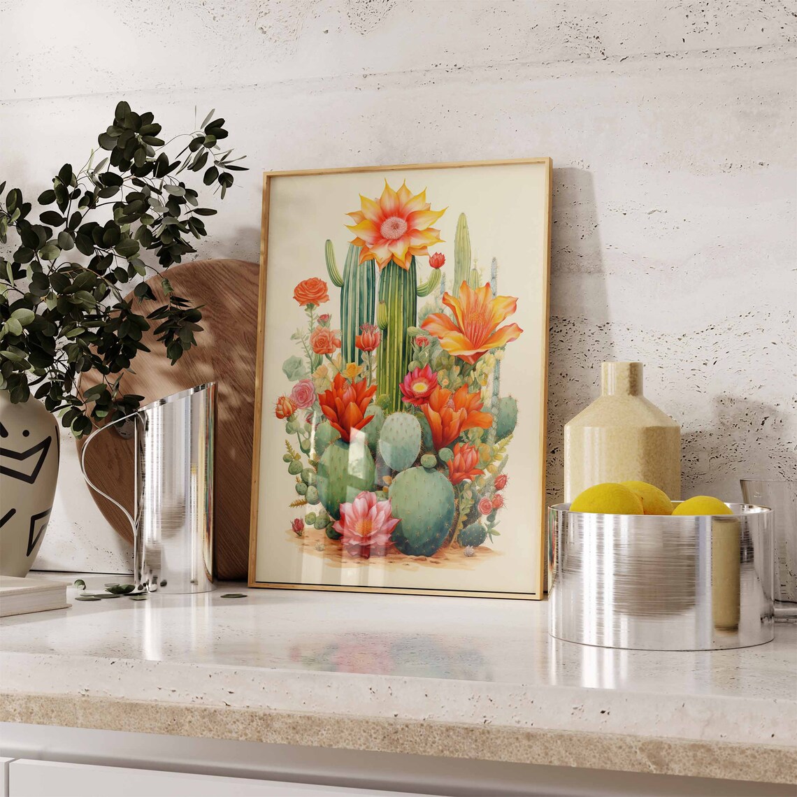 Tall Saguaro Cacti with Vibrant Orange Desert Blooms Watercolor Poster - Image 2