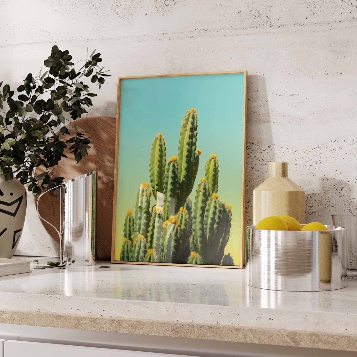 Dense Columnar Cactus with Yellow Blooms on a Teal Gradient Poster - Image 2
