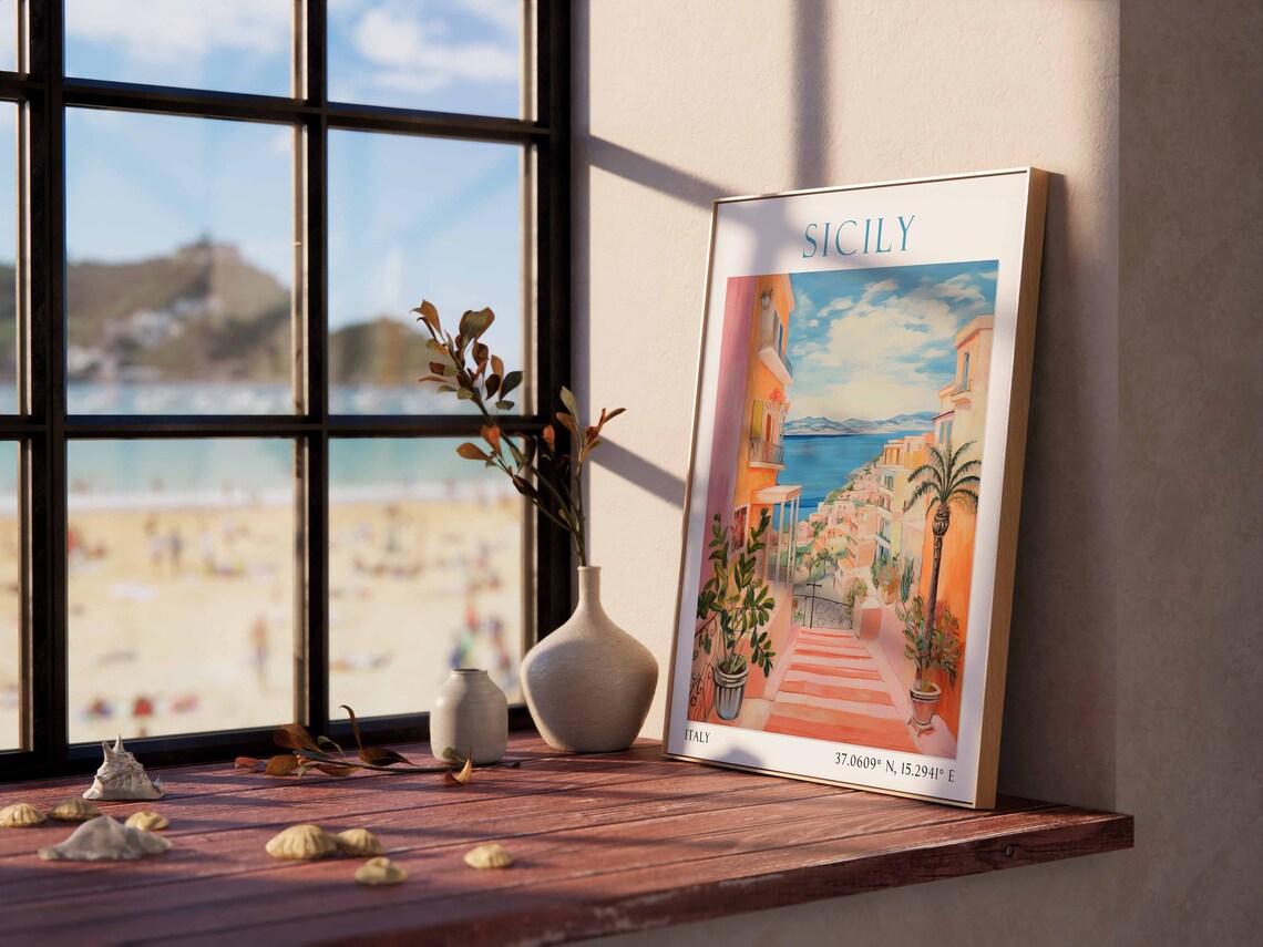 Sicily Italy Coastal Staircase Street with Sea View Travel Poster - Image 2