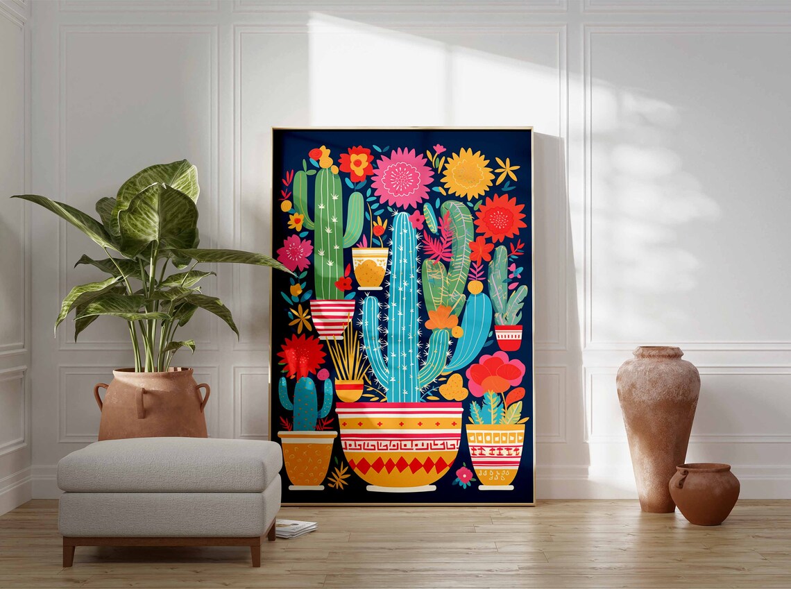 Colorful Potted Cacti and Bright Flowers Poster on Navy Blue - Image 3