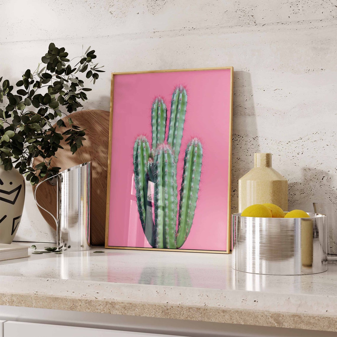 Columnar Cactus on a Bright Pink Background Modern Minimalist Poster - Image 2