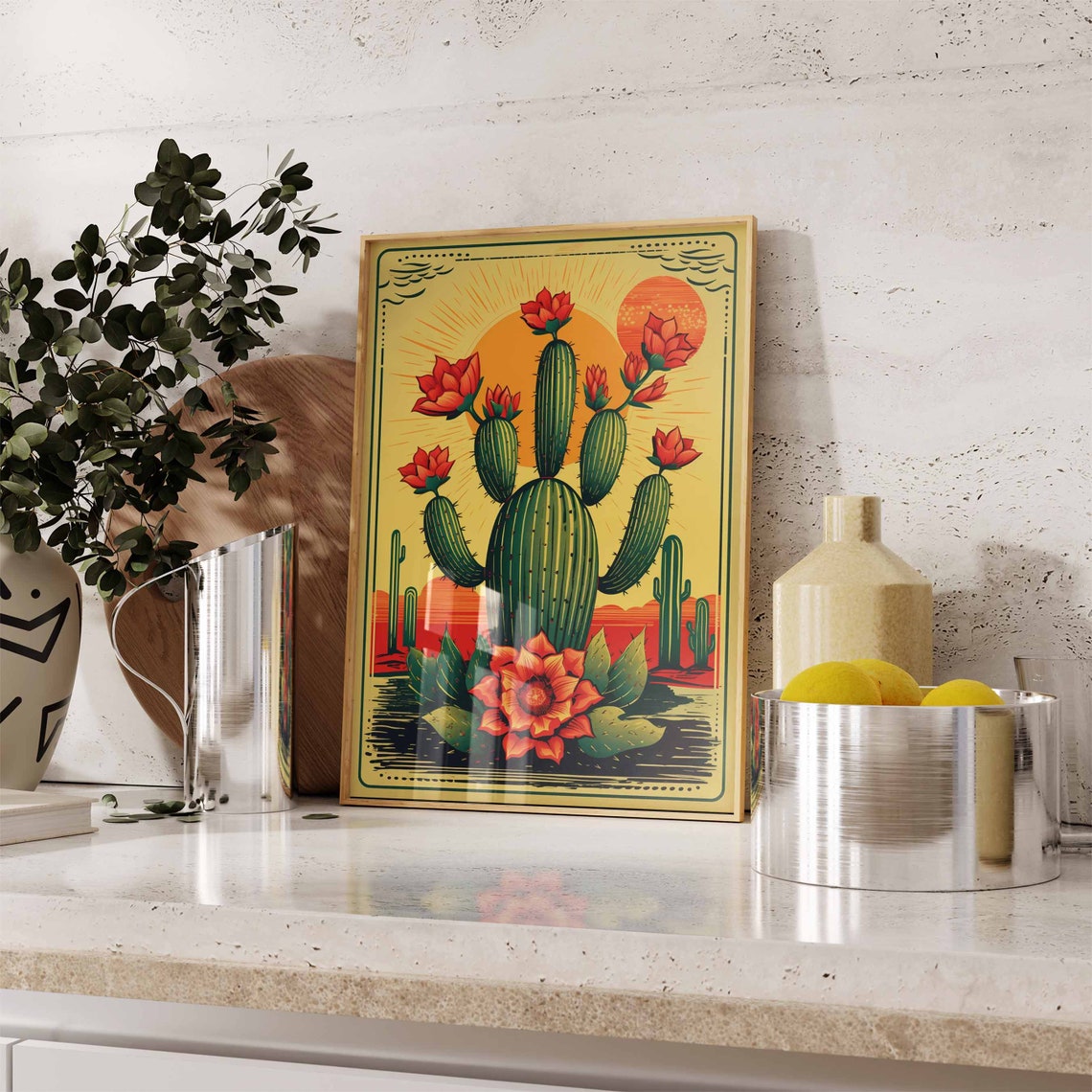Retro Pop Art Columnar Desert Blooming Cactus Orange Sunset Poster - Image 2