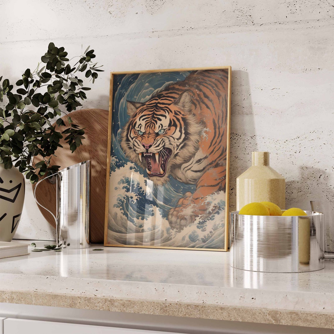 Roaring Tiger Great Wave Japanese Ukiyo-E Style Decor Poster - Image 3