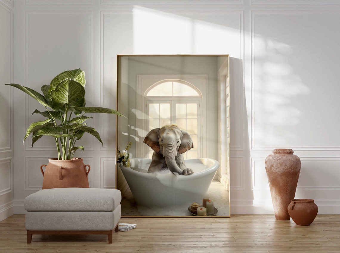 Baby Elephant Splashing In A White Bubble Bath Candle Poster - Image 3