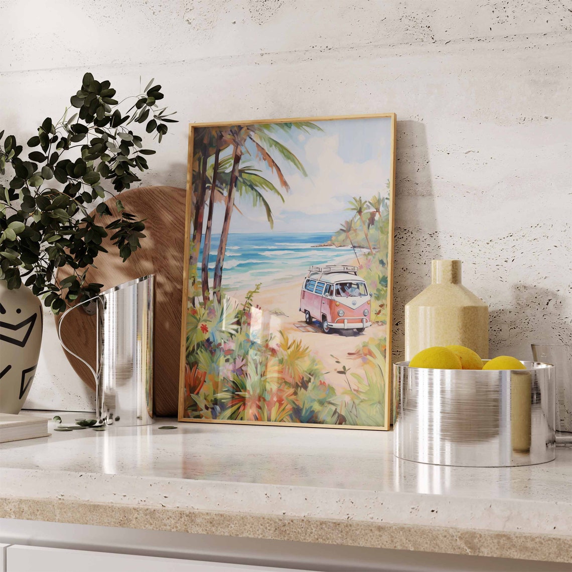Pink Camper Van Parked on a Palm Lined Tropical Beach Poster - Image 2