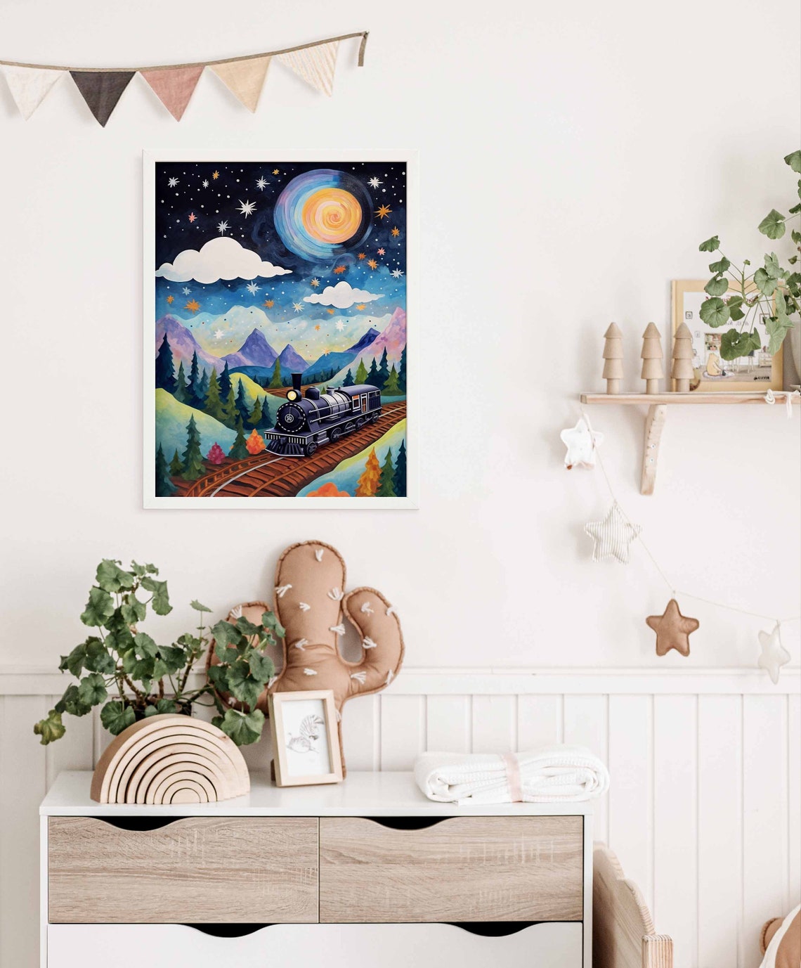 Steam Train Starry Night Dark Purple Mountains Forest Moon Poster - Image 3
