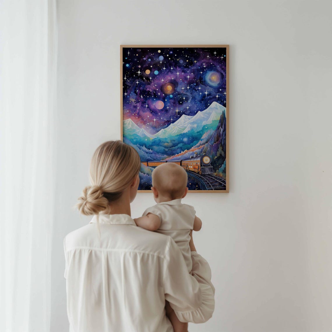 Galaxy Night Sky Train Crossing Trestle Starlit Mountains Poster - Image 3