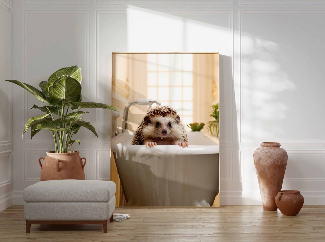 Hedgehog Taking A Bubble Bath In A Vintage Tub Close Up Poster - Image 3