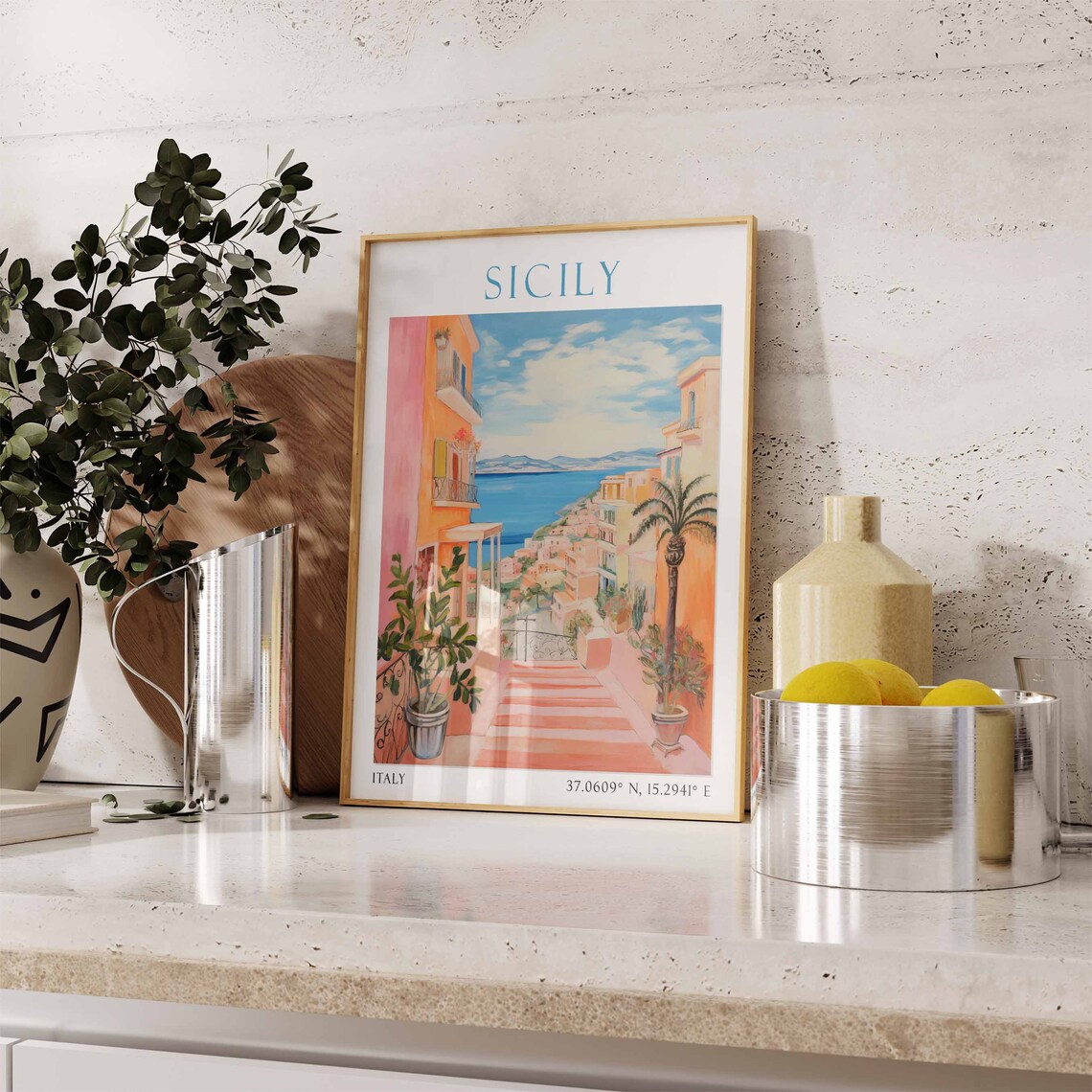 Sicily Italy Coastal Staircase Street with Sea View Travel Poster - Image 3