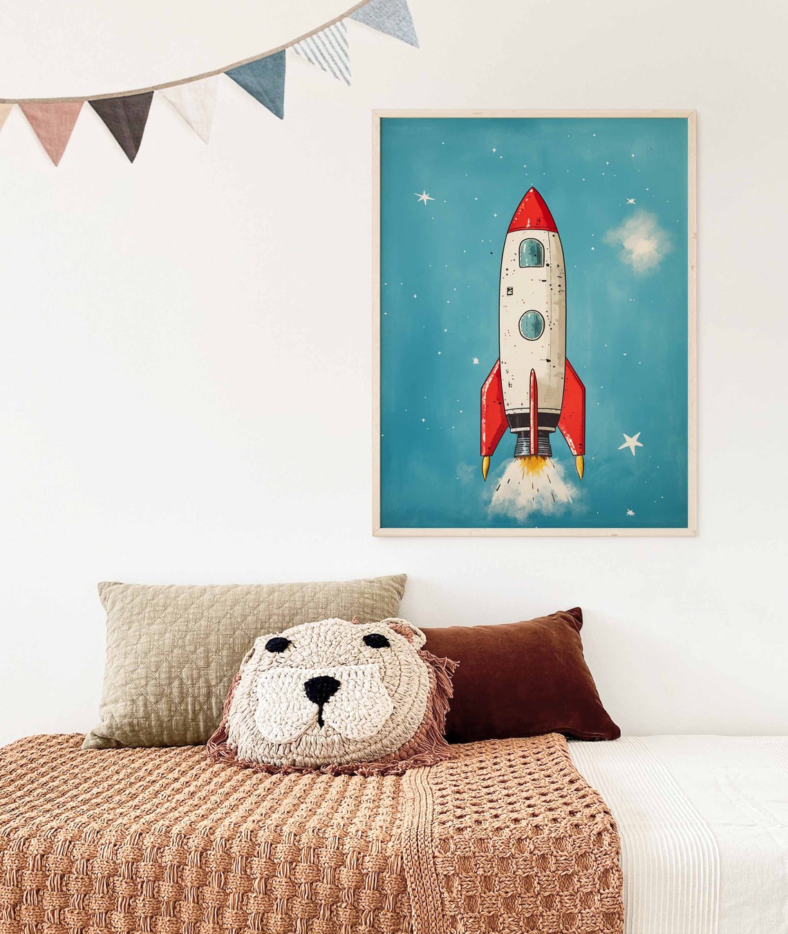 Red and White Rocket Ship Launching Poster on Teal Starry Sky - Image 3