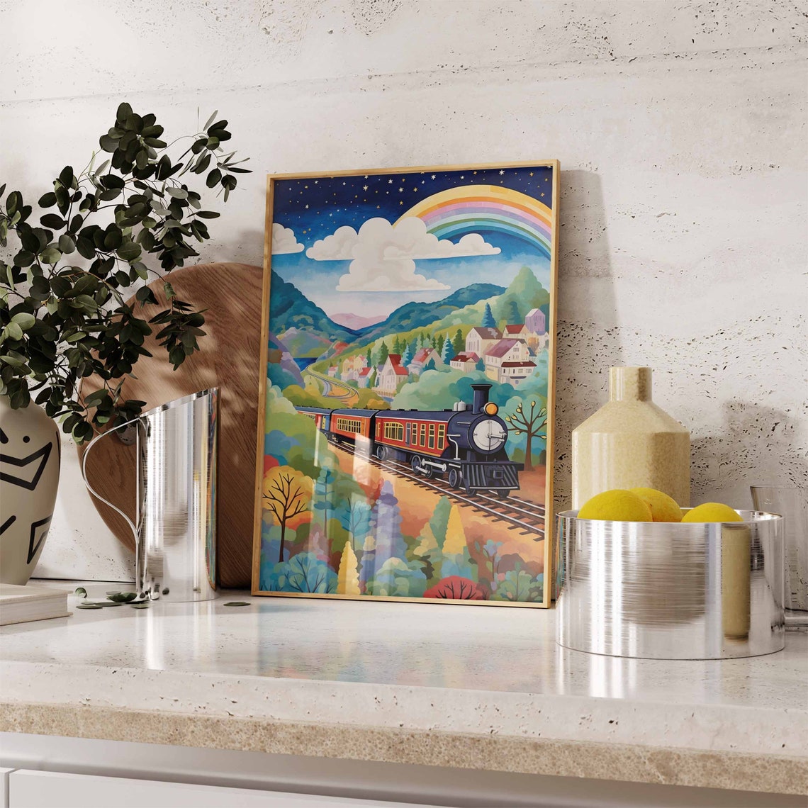 Steam Train Rainbow Night Valley Village Nursery Room Poster - Image 2