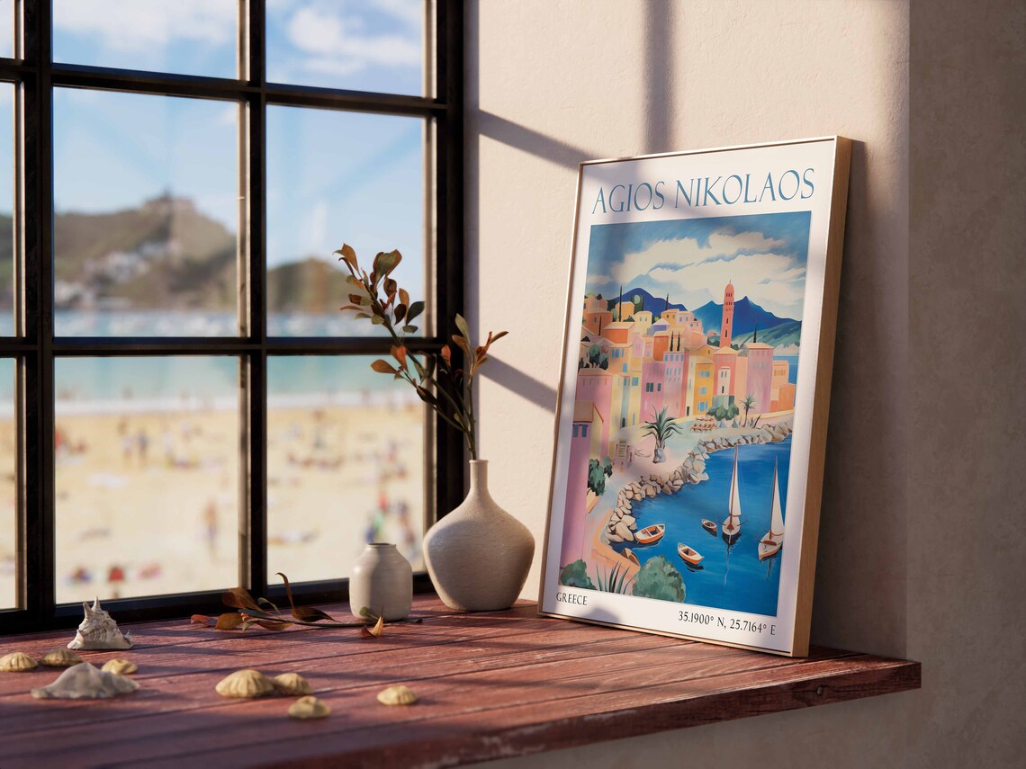 Agios Nikolaos Waterfront Sailboats Bell Tower Greece Travel Poster - Image 2