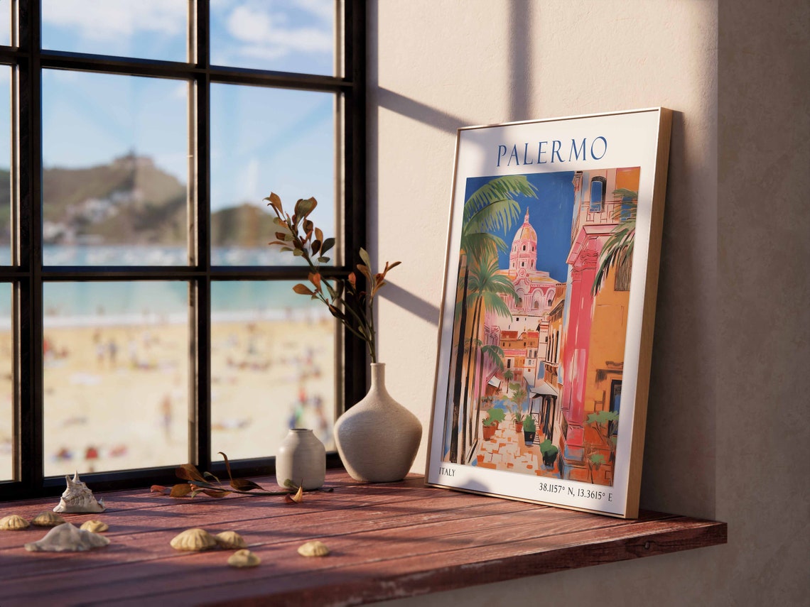 Palermo Italy Travel Poster Pink Cathedral Street Scene View - Image 3