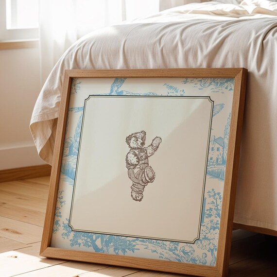 Vintage Blue Toile Waving Teddy Bear Overalls Cottage Nursery Wall Art Print
